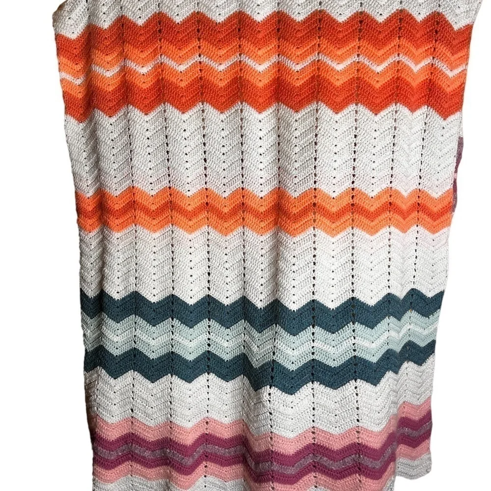 Handmade Chevron crocheted blanket throw mixed yarns 88” X 44”